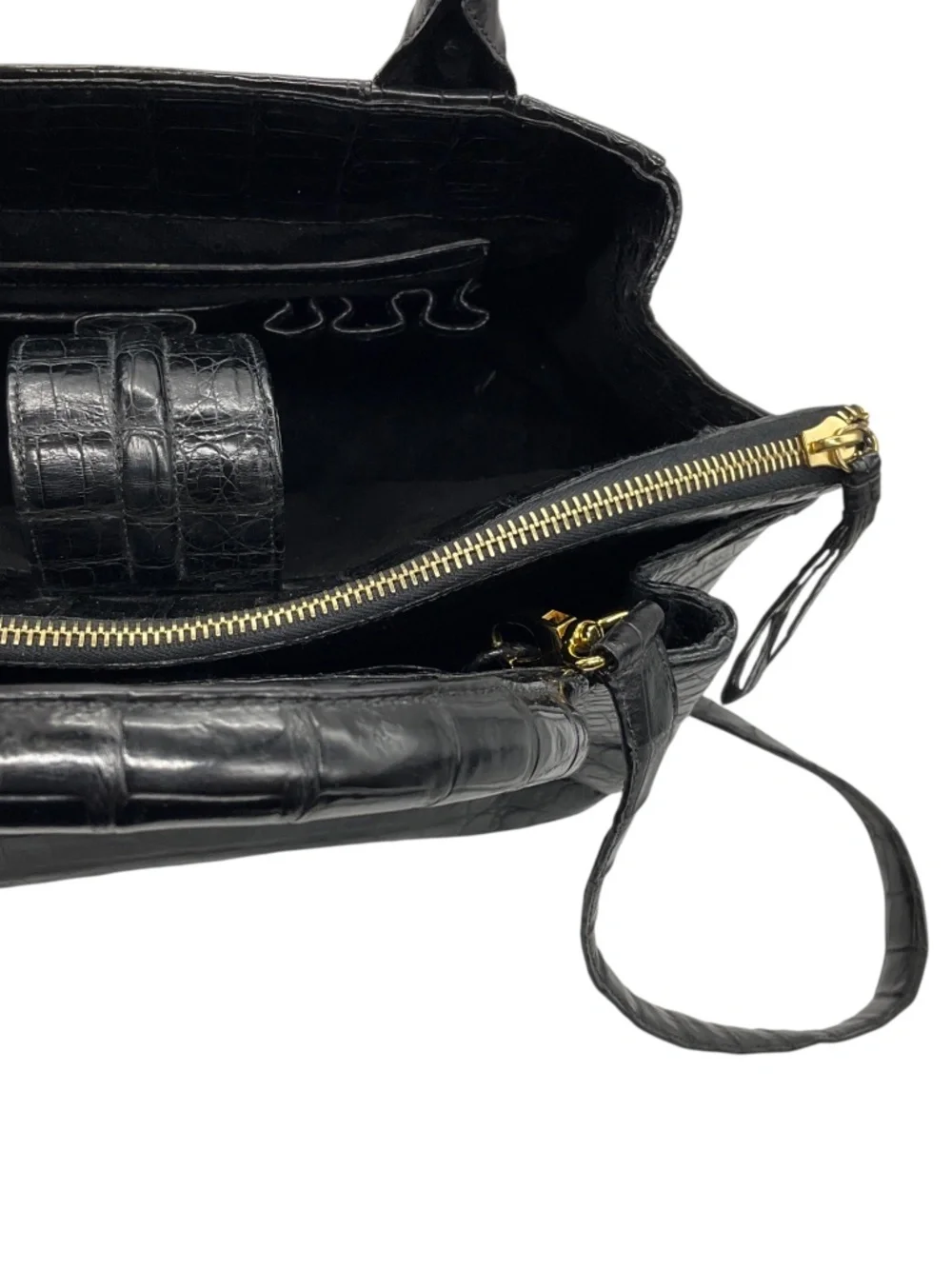 NANCY GONZALEZ BLACK GENUINE CROCODILE DOUBLE TOP HANDLE SATCHEL HANDBAG